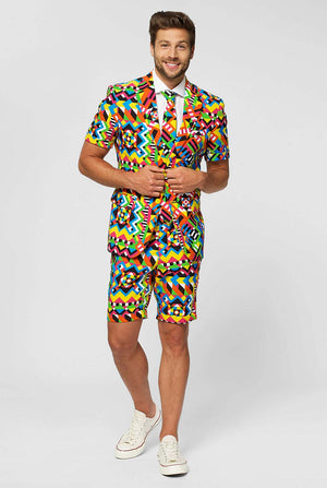 Man wearing colorful summer suit, consisting of short, jacket and tie
