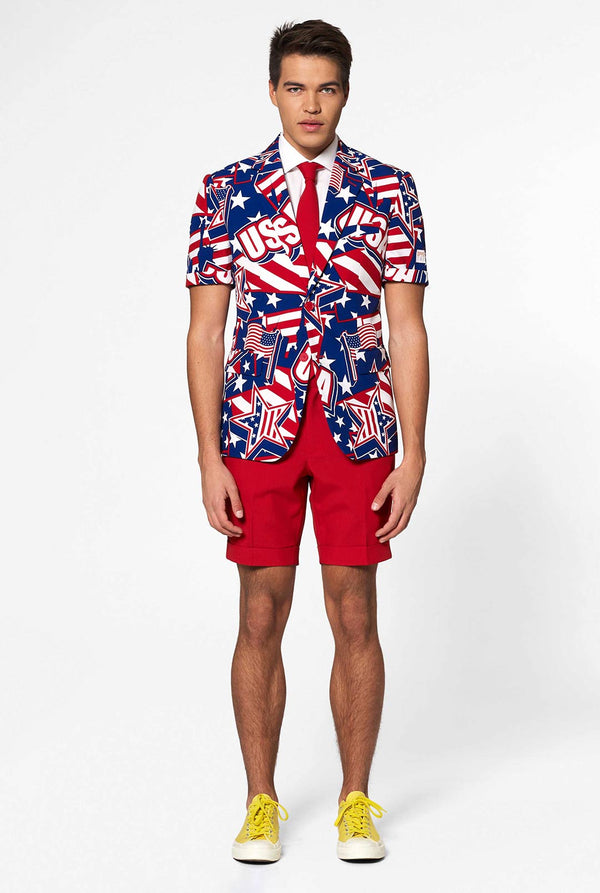 Man wearing USA themed summer suit