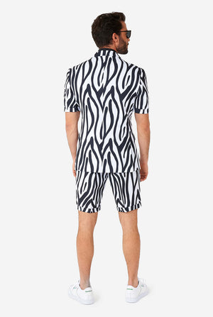 Man wearing summer suit with black and white zebra stripes