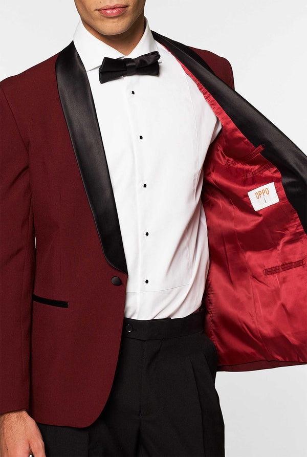 Burgundy red and black tuxedo Hot Burgundy worn by men