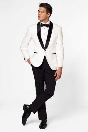 White with black tuxedo suit Pearly White worn by man closed up blazer