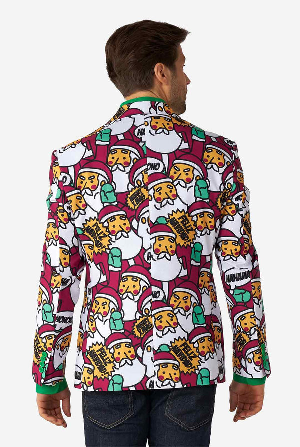 Man wearing Christmas blazer with Santa print