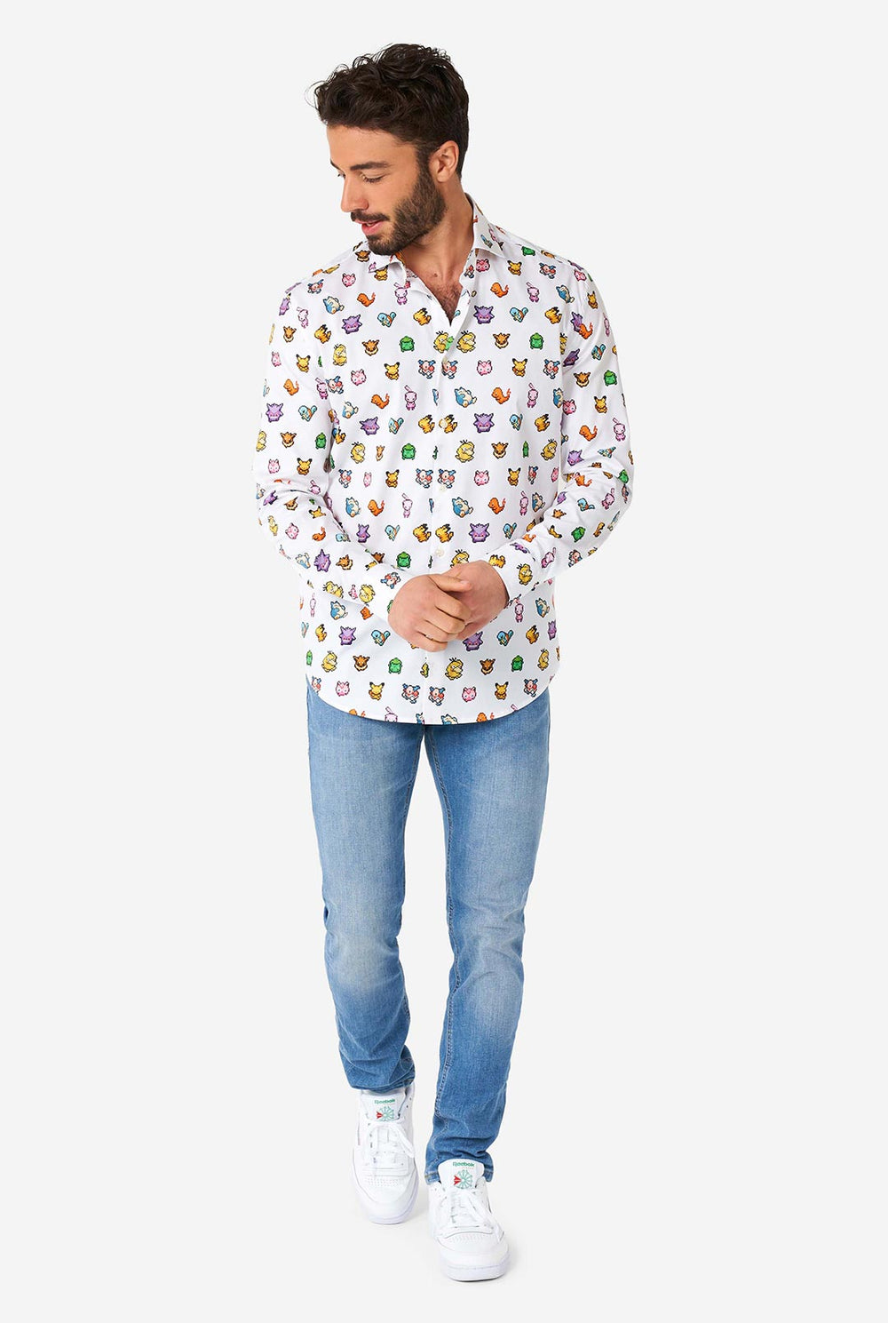 Man wearing white dress shirt with Pokemon icons