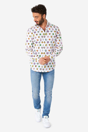 Man wearing white dress shirt with Pokemon icons