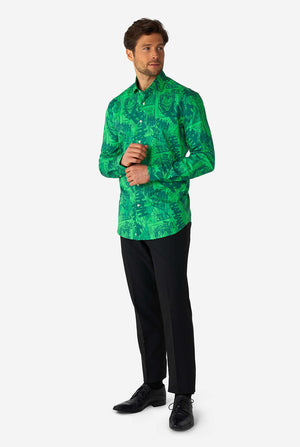 Man wearing green dress shirt with The Joker print