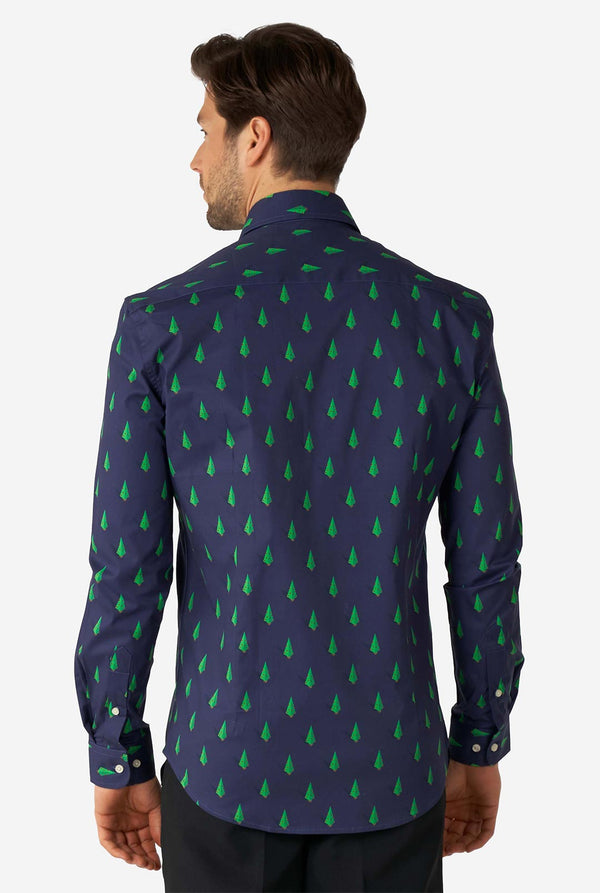 Man wearing blue dress shirt with Christmas tree print