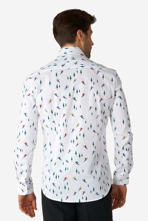 Man wearing white dress shirt with winter print