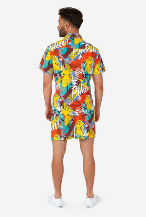 Man wearing colorful summer shorts and shirt with Pikachu Pokemon print