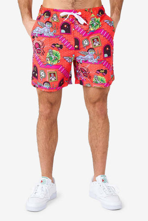 Man wearing summer outfit, consisting of short and shirt, with Rick and Morty print