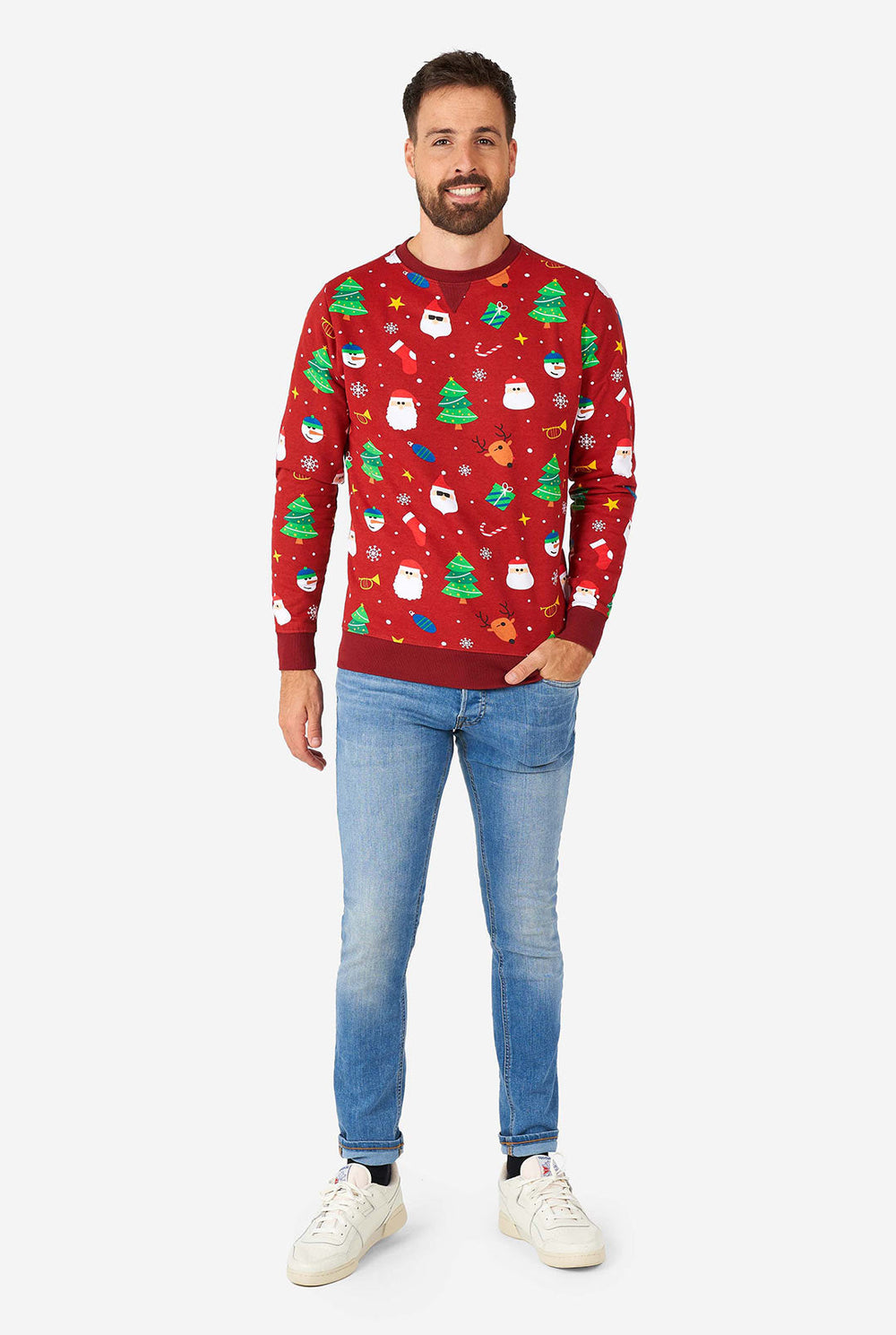 Man wearing red Christmas sweater with colored Christmas icons