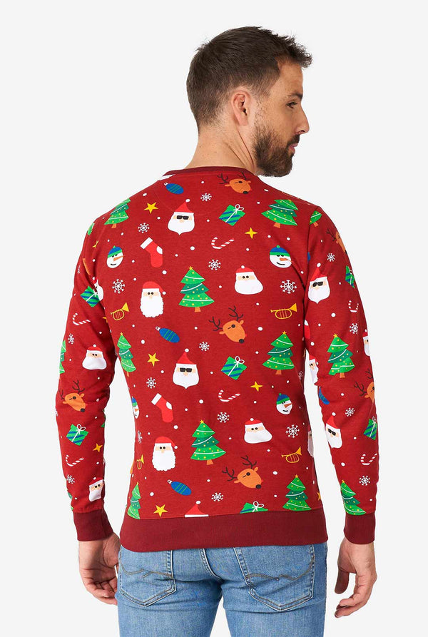 Back view of Man wearing red Christmas sweater with colored Christmas icons