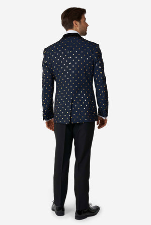 Man wearing blue tuxedo with golden dots