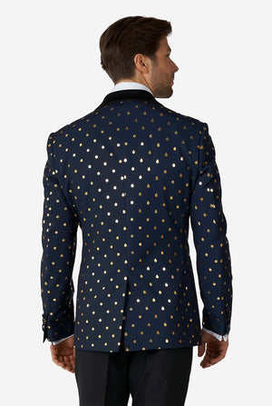 Man wearing blue tuxedo with golden dots