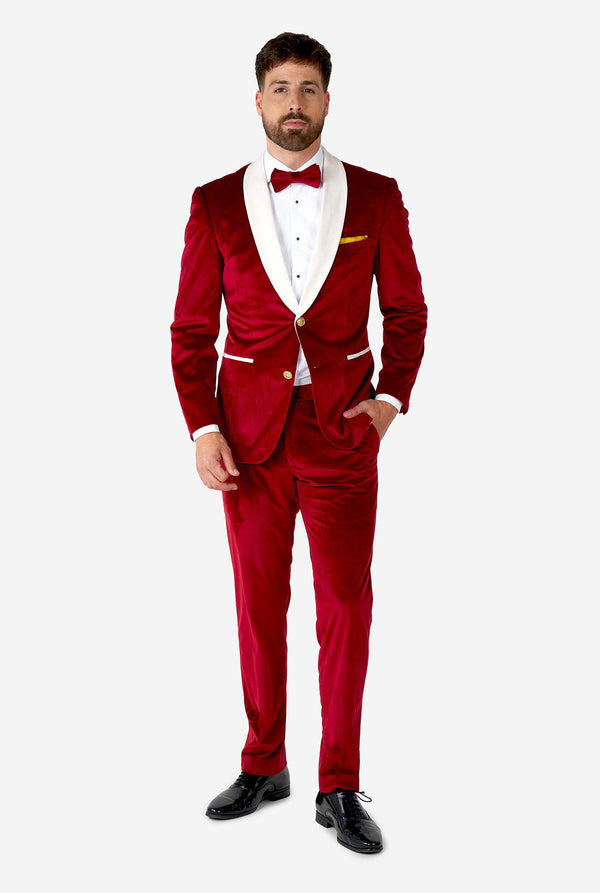 Man wearing red and white santa Christmas tuxedo