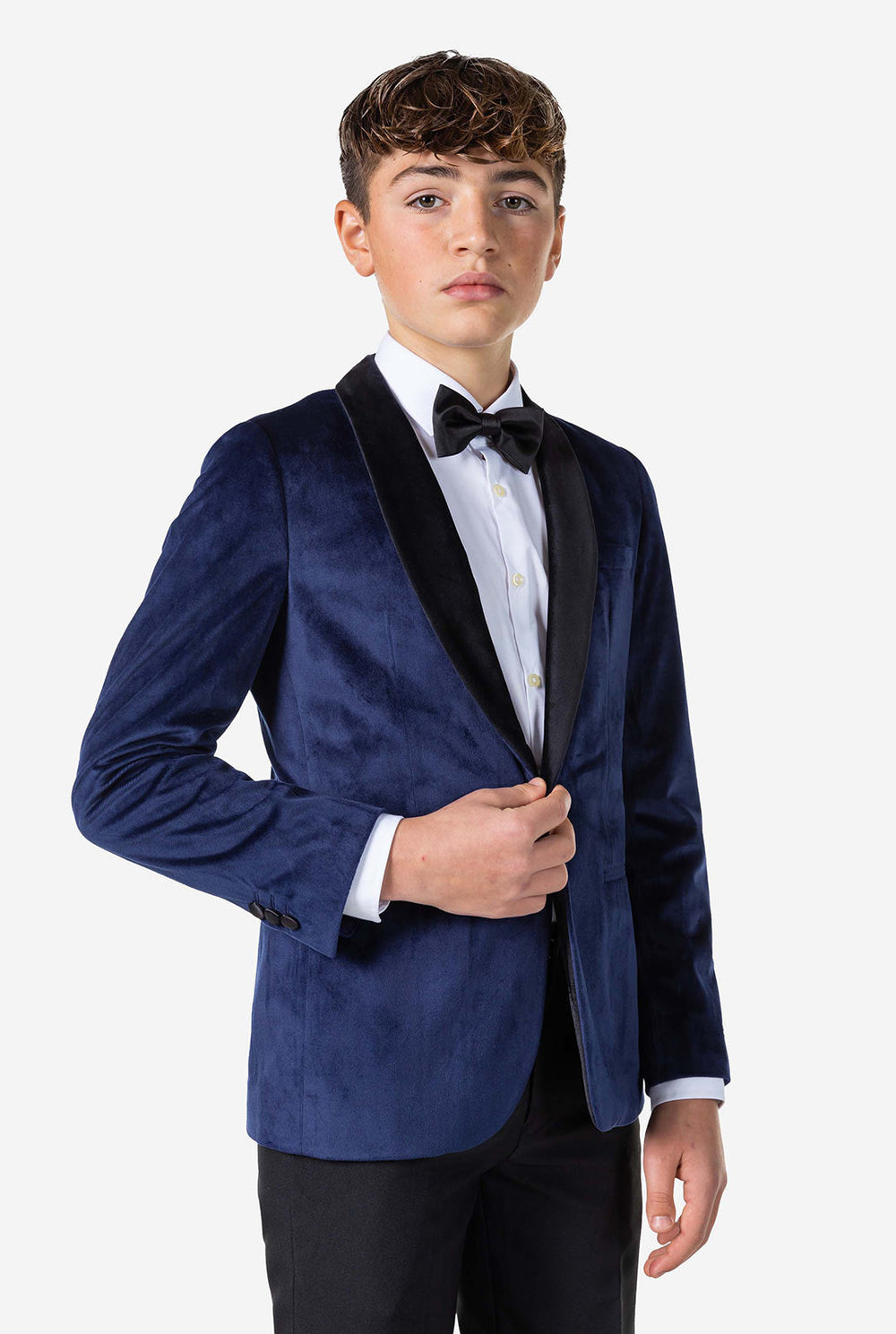 Teen wearing blue velvet Christmas Dinner Jacket