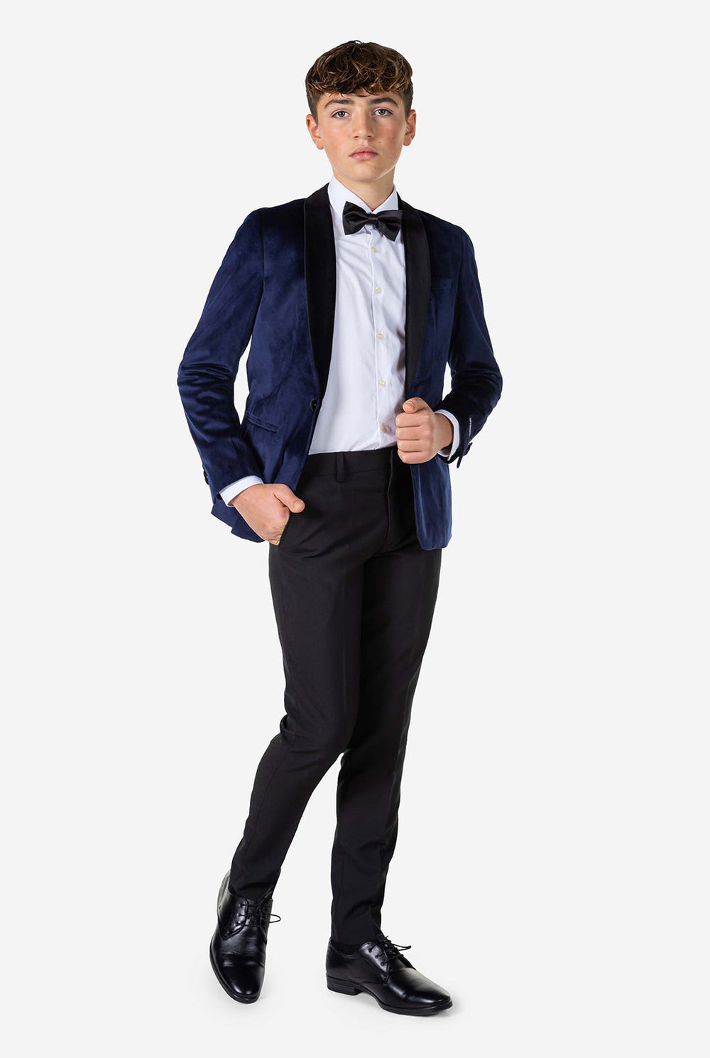 Teen wearing blue velvet Christmas Dinner Jacket