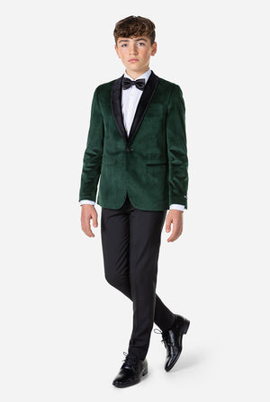 Teen wearing green velvet Christmas Dinner Jacket