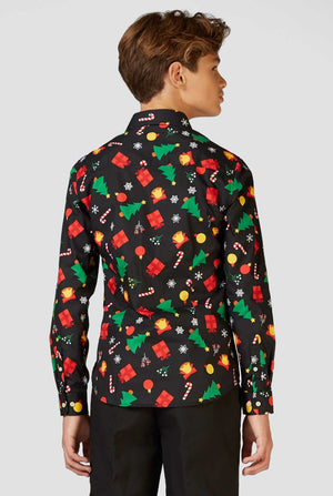 Funny black Christmas icons dress shirt worn by a teen boy view from back