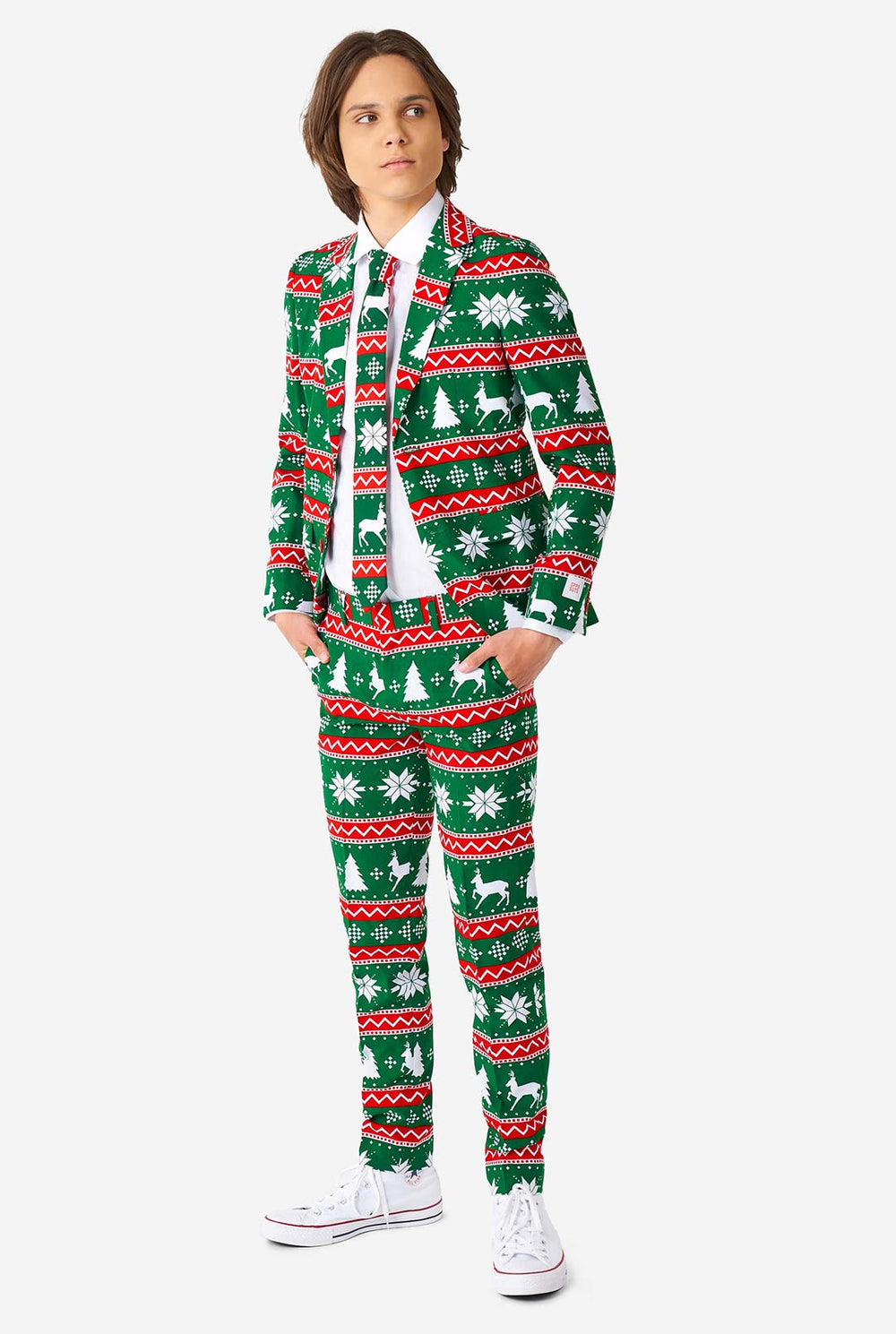 Teen wearing green formal Christmas suit