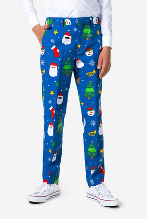 Teen wearing formal blue Christmas suit
