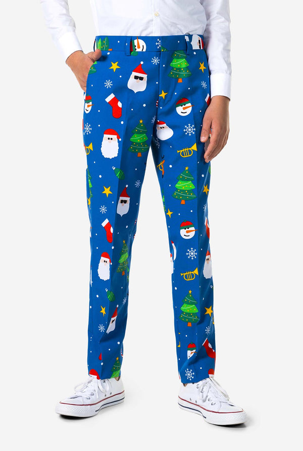 Teen wearing formal blue Christmas suit