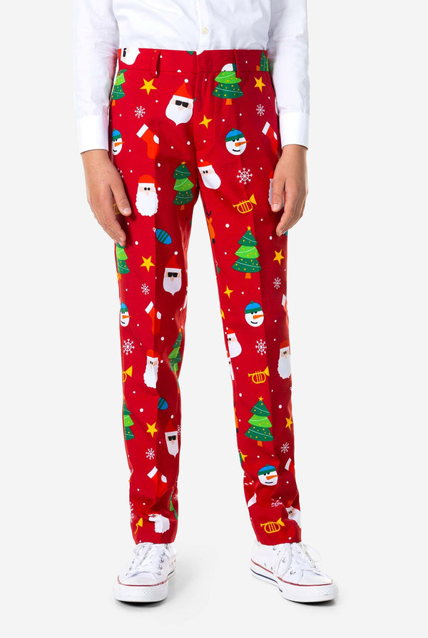 Teen wearing formal red Christmas suit