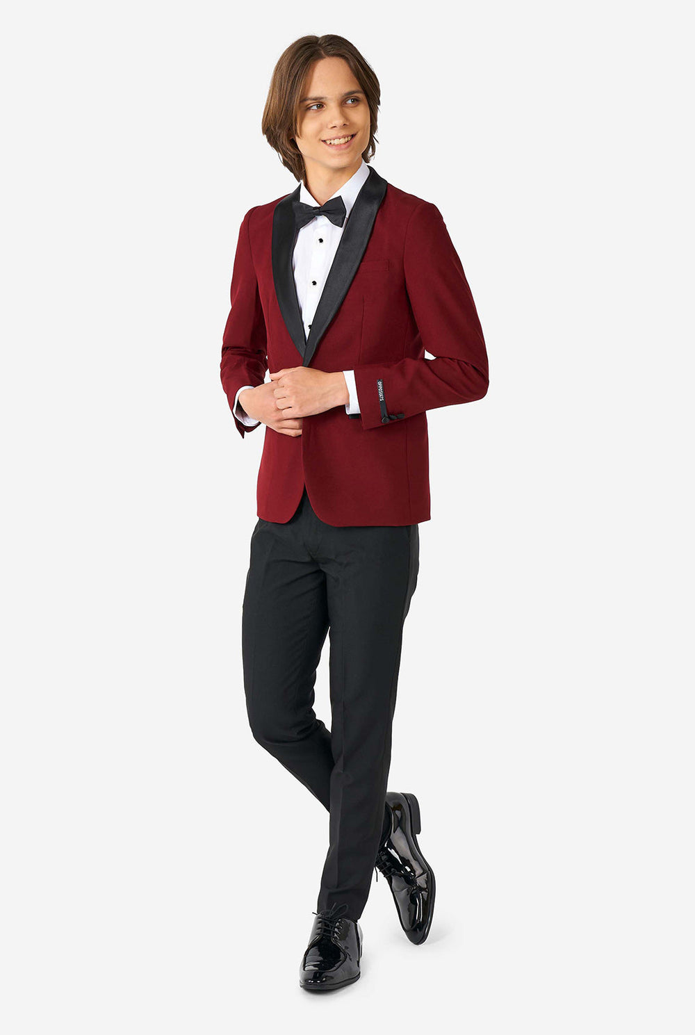 Teen wearing Burgundy red and black tuxedo