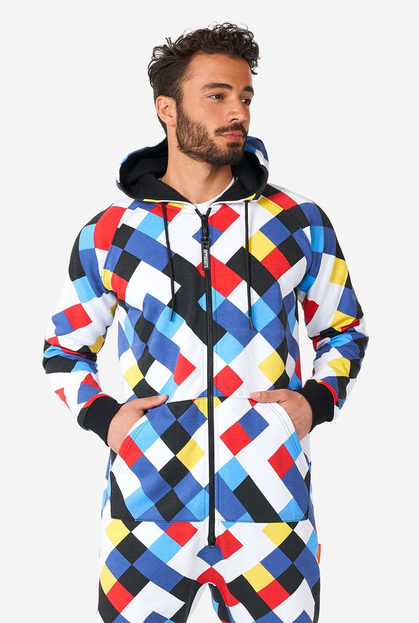 Man wearing a multicolor onesie