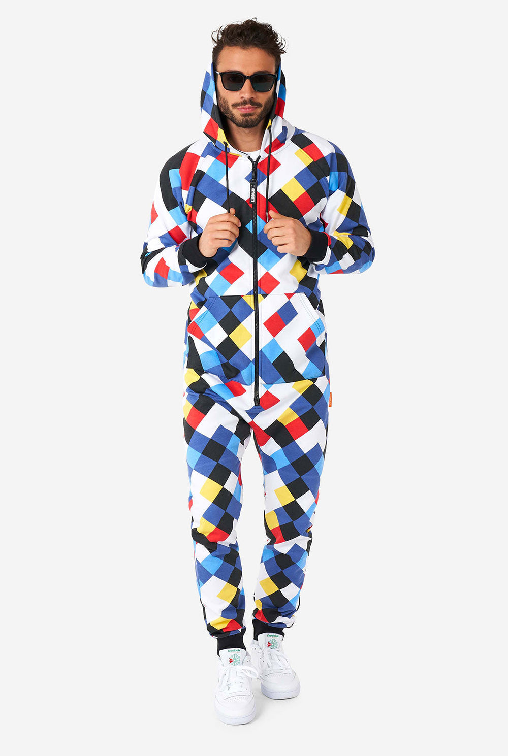 Man wearing a multicolor onesie