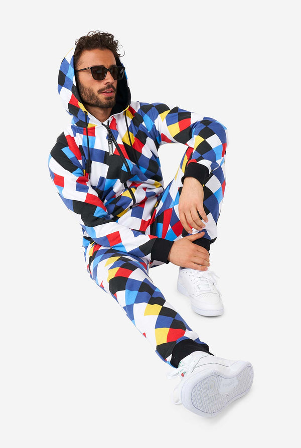 Man wearing a multicolor onesie
