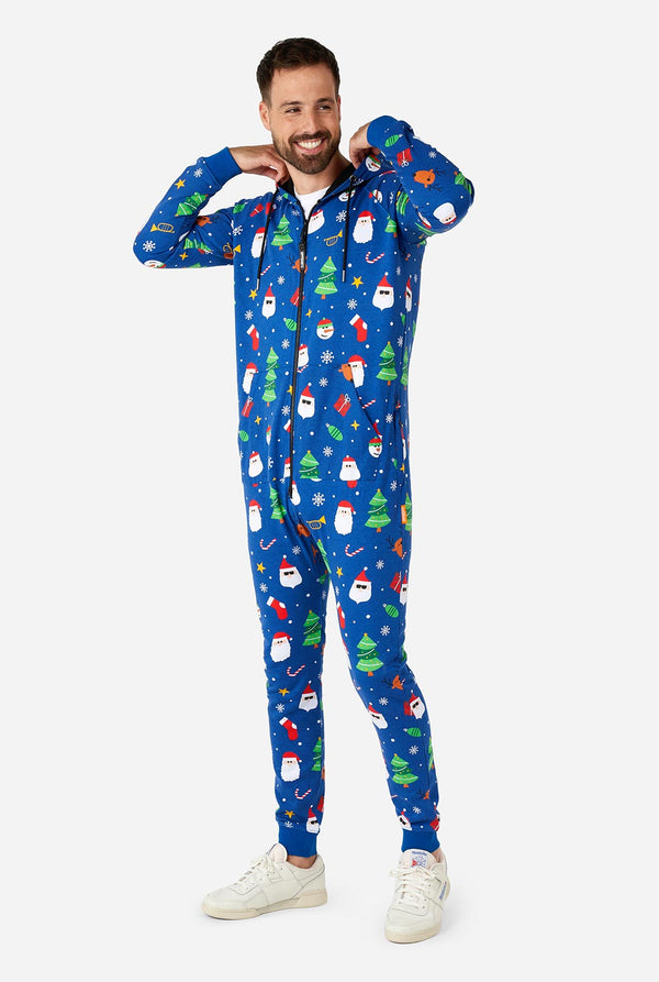 Man wearing blue Christmas onesie