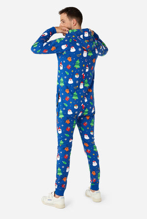 Man wearing blue Christmas onesie