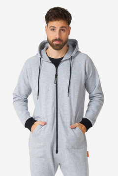 Man wearing grey onesie