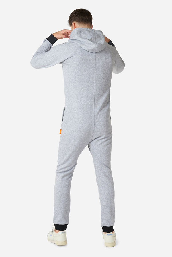 Man wearing grey onesie