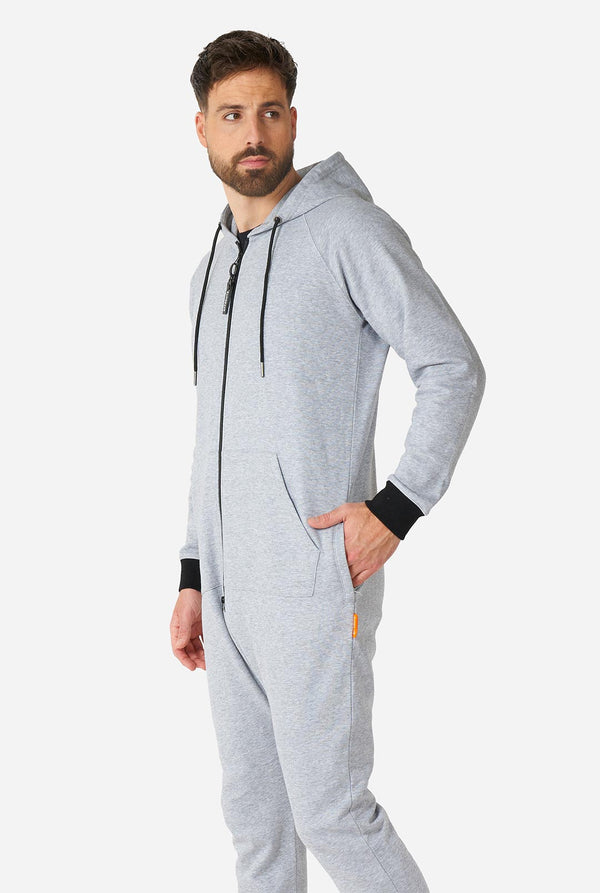 Man wearing grey onesie