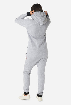 Man wearing grey onesie
