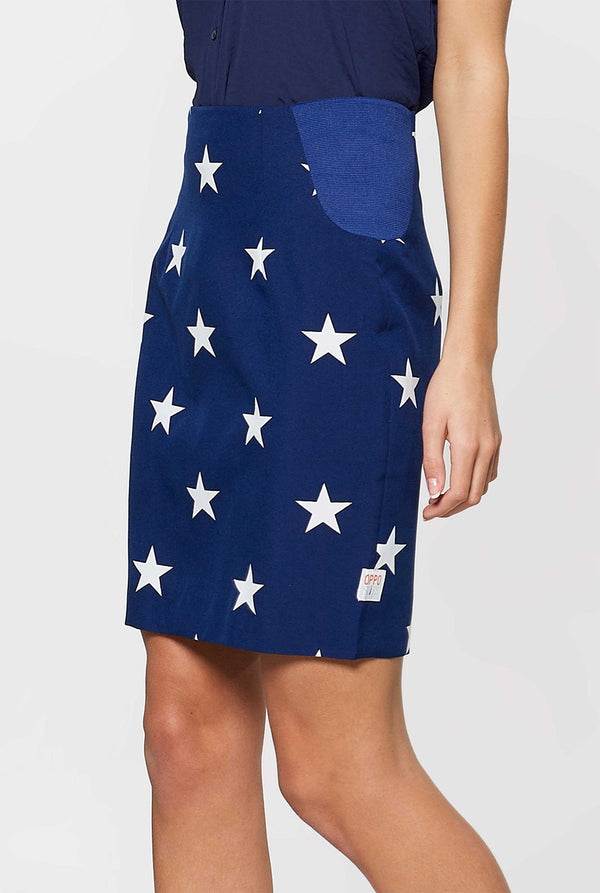 Women's patriotic American Flag suit worn by woman