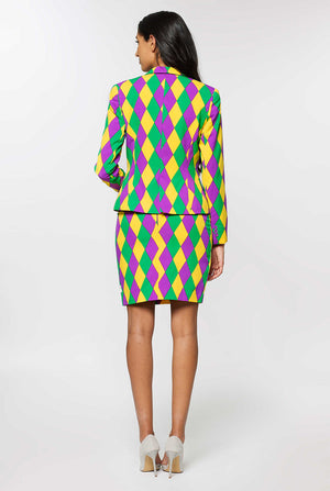 Woman wearing multi color Mardi Gras suit