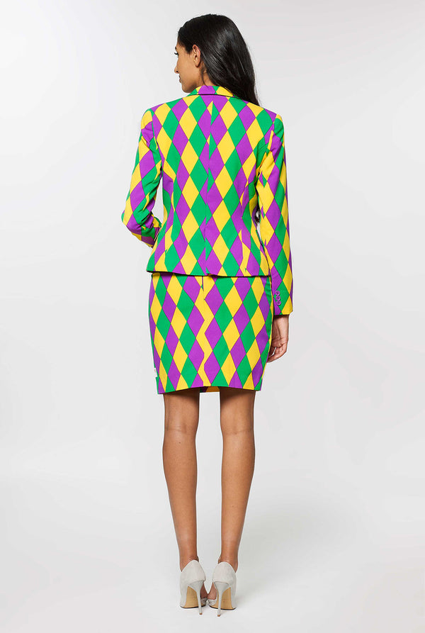 Woman wearing multi color Mardi Gras suit
