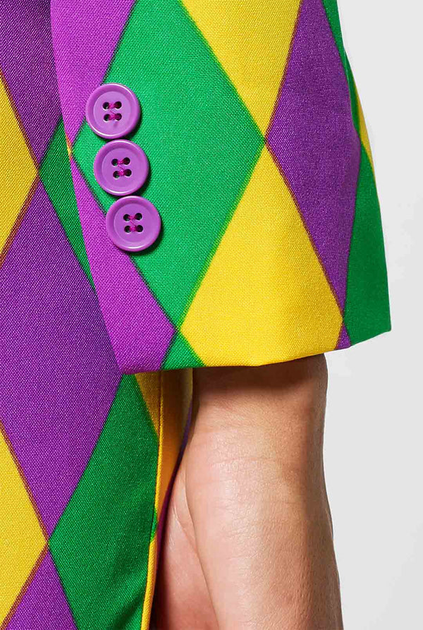 Woman wearing multi color Mardi Gras suit