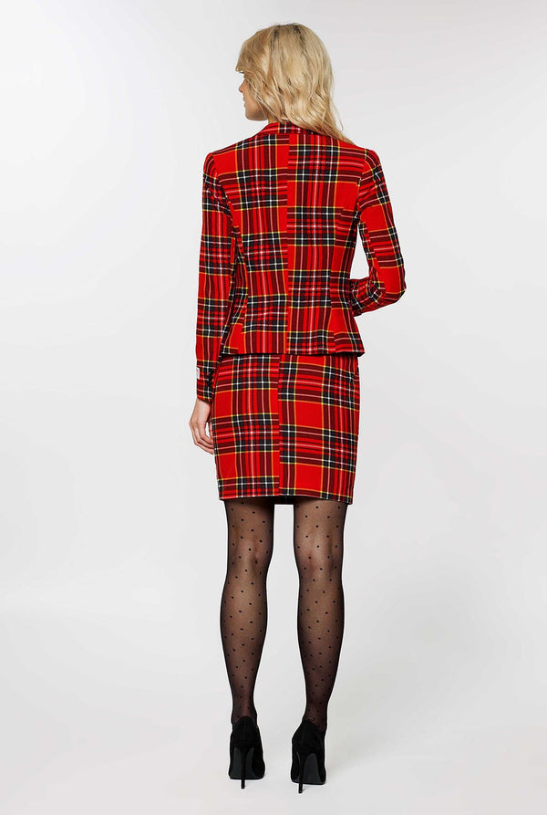 Woman wearing red tartan Christmas suit